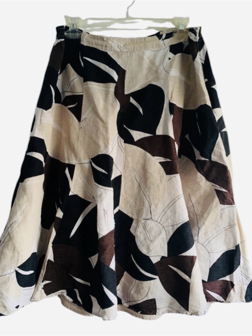 CHICO’S - LINEN & SILK BLEND Cream, Beige & Brown Leaf-Print A-Line Skirt
